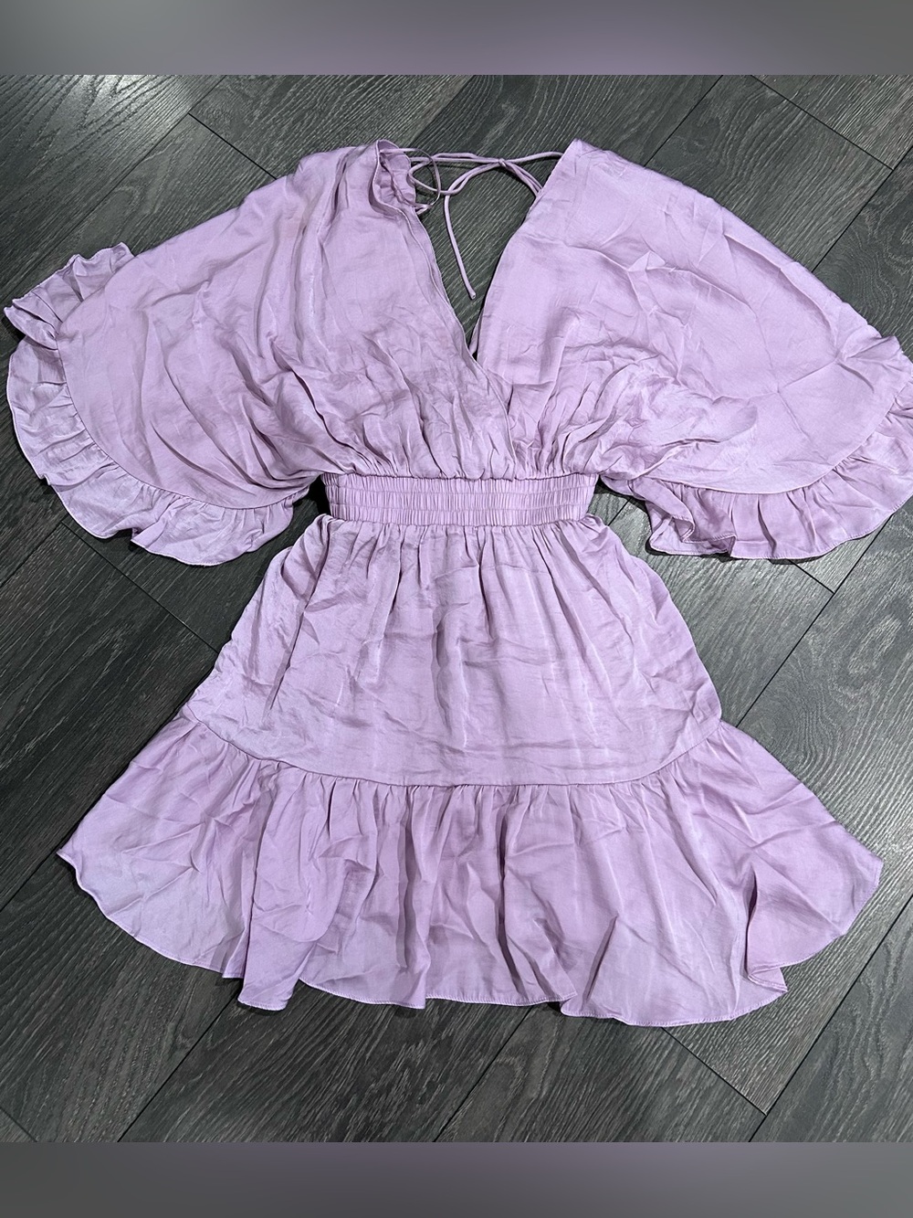 Glam Womens  Spring Deep V Neck Ruffle Sleeve Open Back Smock Mini Dress S